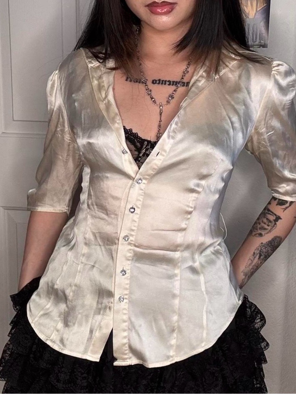 BEBE Ivory Satin Button-Down Blouse